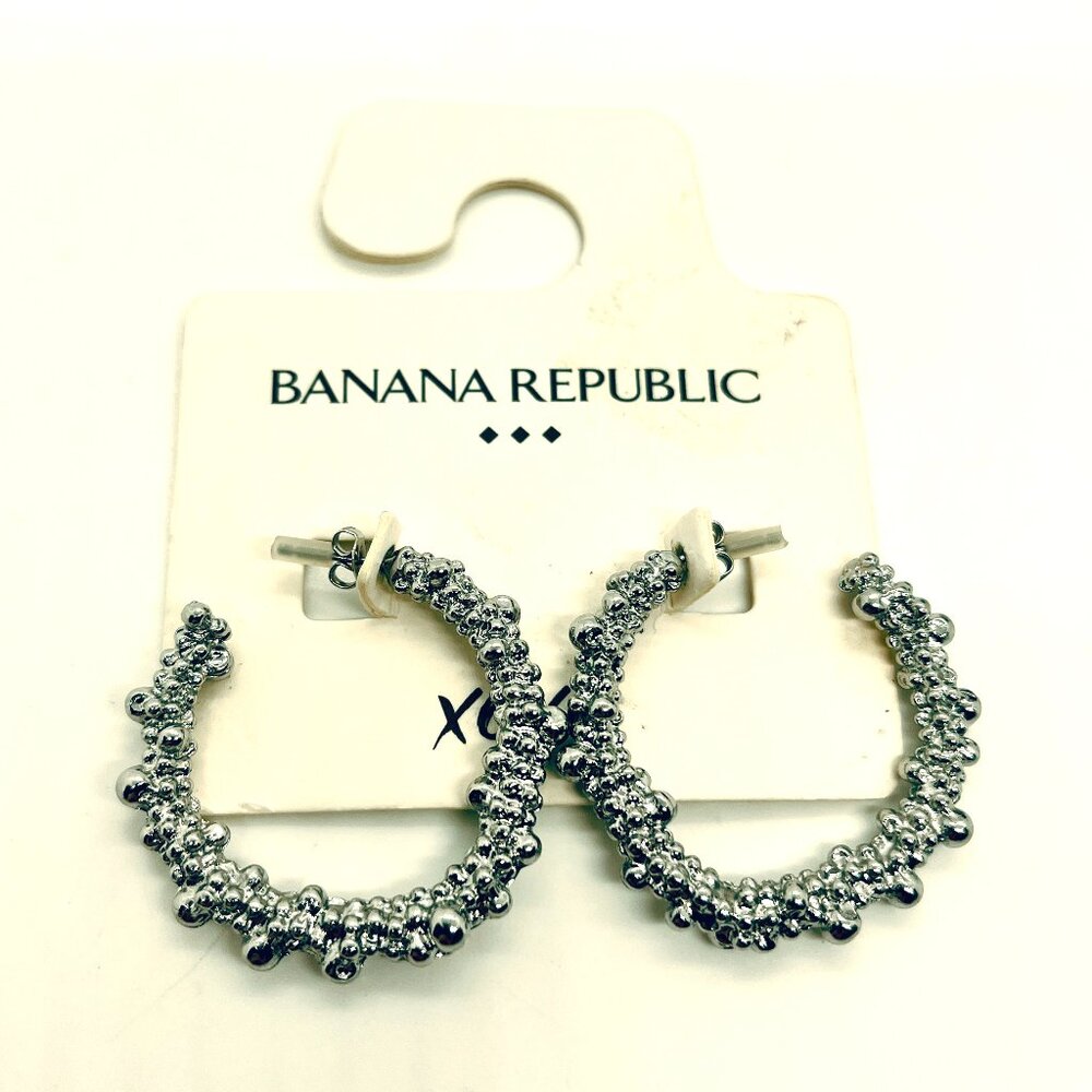 NWT BANANA REPUBLIC Silver Tone Bead Hoop Earrings Statement Textured Sculptural